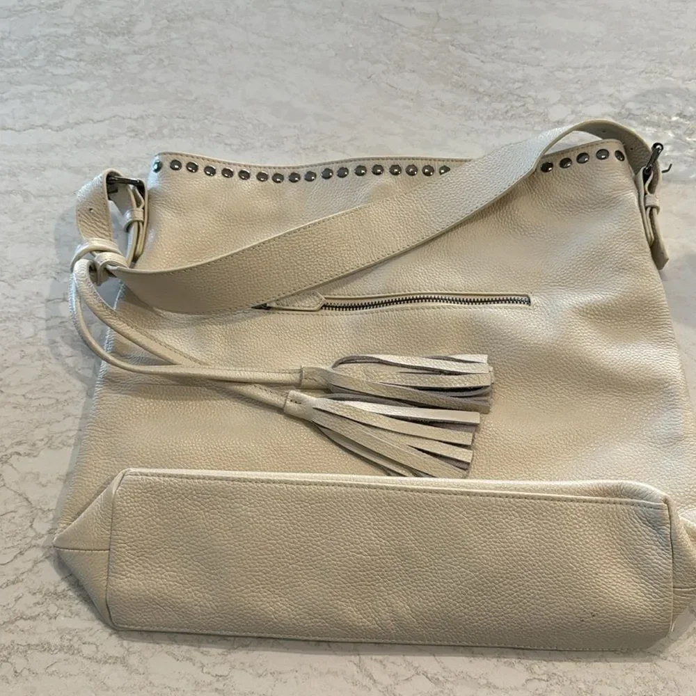 Stunning Laggo “Reed Ivory” Pebbled Leather Studded Hobo Bag